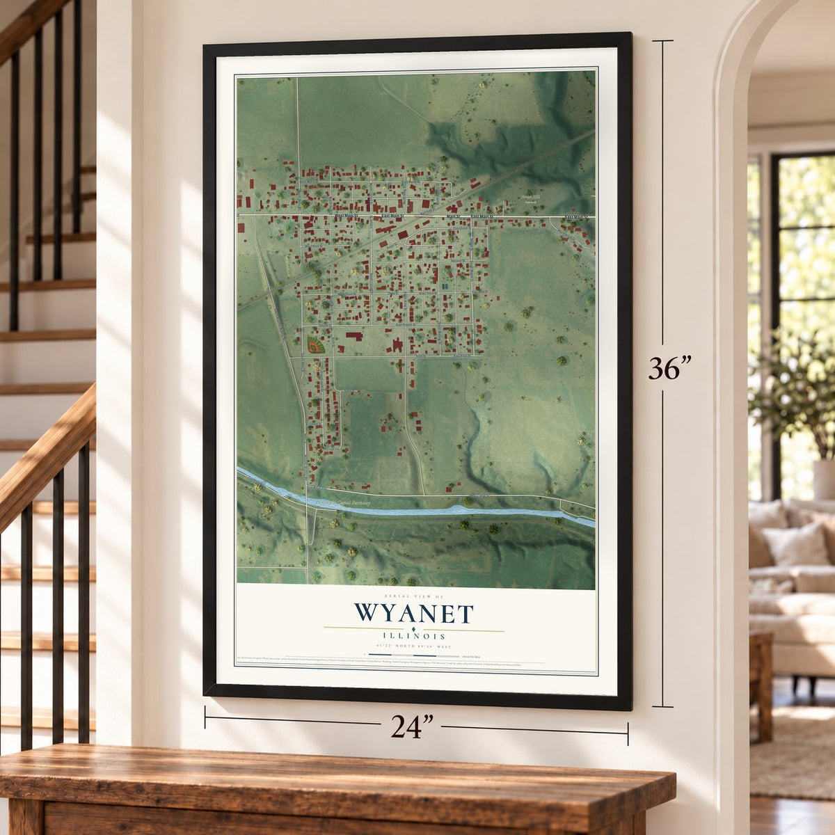 Wyanet, Illinois map, 24 x 36 inch print in a black frame by a staircase