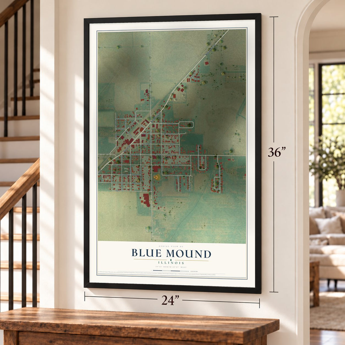 Blue Mound, Illinois map, 24 x 36 inch print in a black frame by a staircase