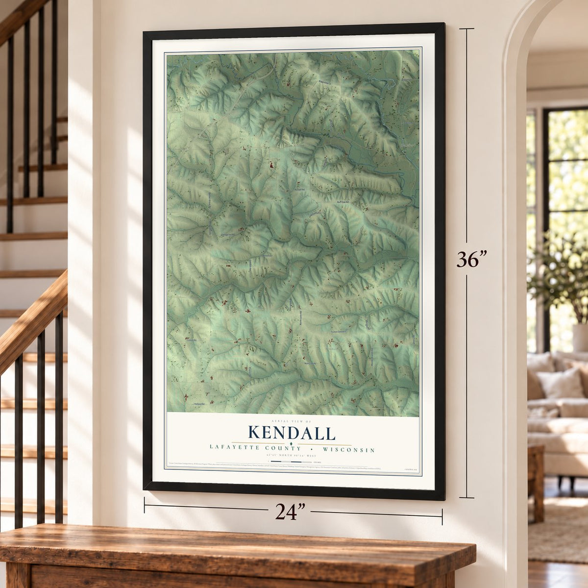 Kendall, Lafayette County, Wisconsin map, 24 x 36 inch print in a black frame by a staircase