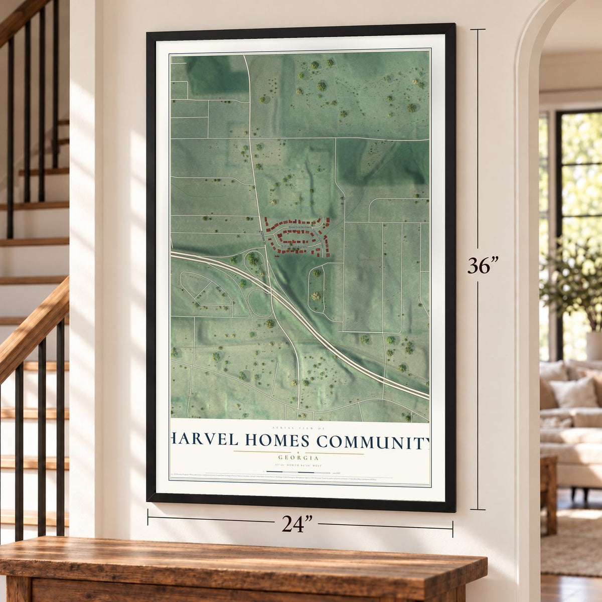 Harvel Homes Community, Georgia map, 24 x 36 inch print in a black frame by a staircase