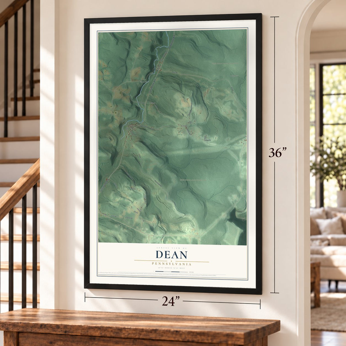 Dean, Pennsylvania map, 24 x 36 inch print in a black frame by a staircase