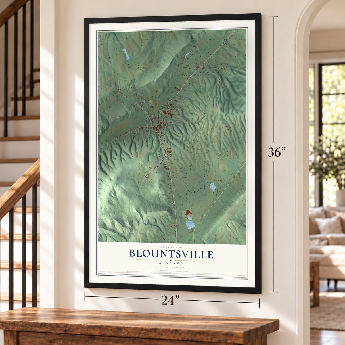 Blountsville, Alabama map, 24 x 36 inch print in a black frame by a staircase