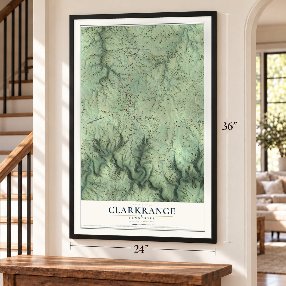 Clarkrange, Tennessee map, 24 x 36 inch print in a black frame by a staircase