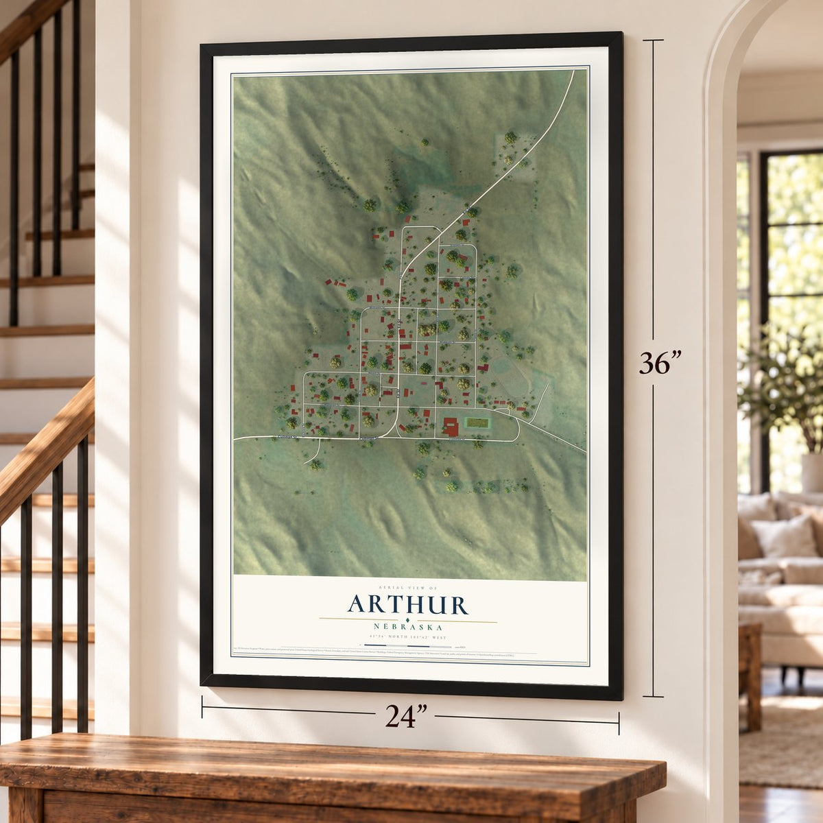 Arthur, Nebraska map, 24 x 36 inch print in a black frame by a staircase