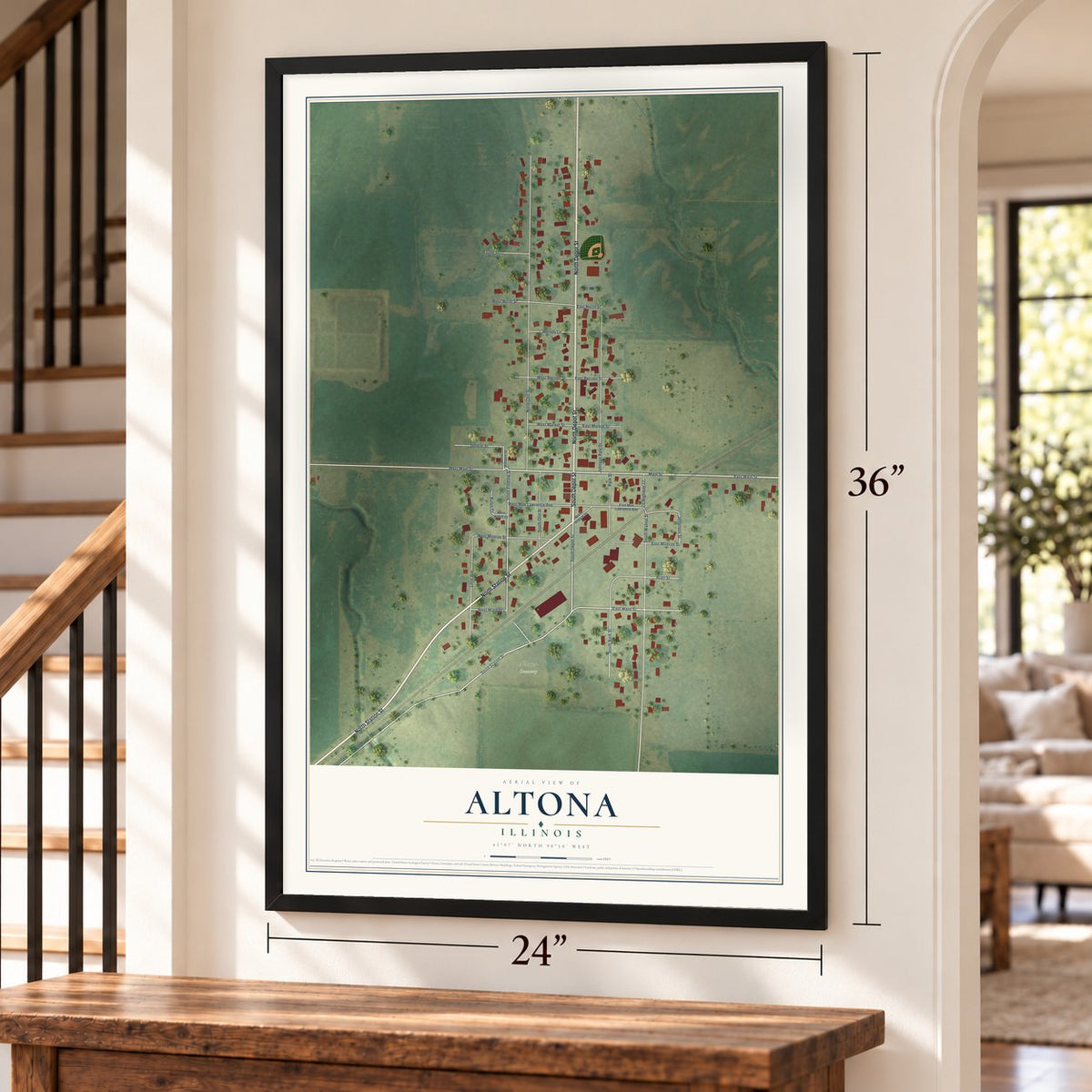 Altona, Illinois map, 24 x 36 inch print in a black frame by a staircase