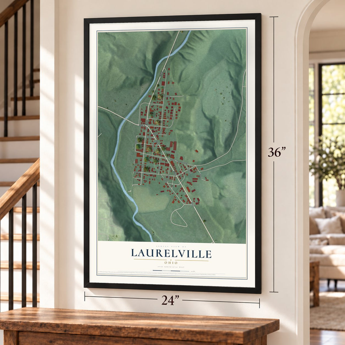 Laurelville, Ohio map, 24 x 36 inch print in a black frame by a staircase