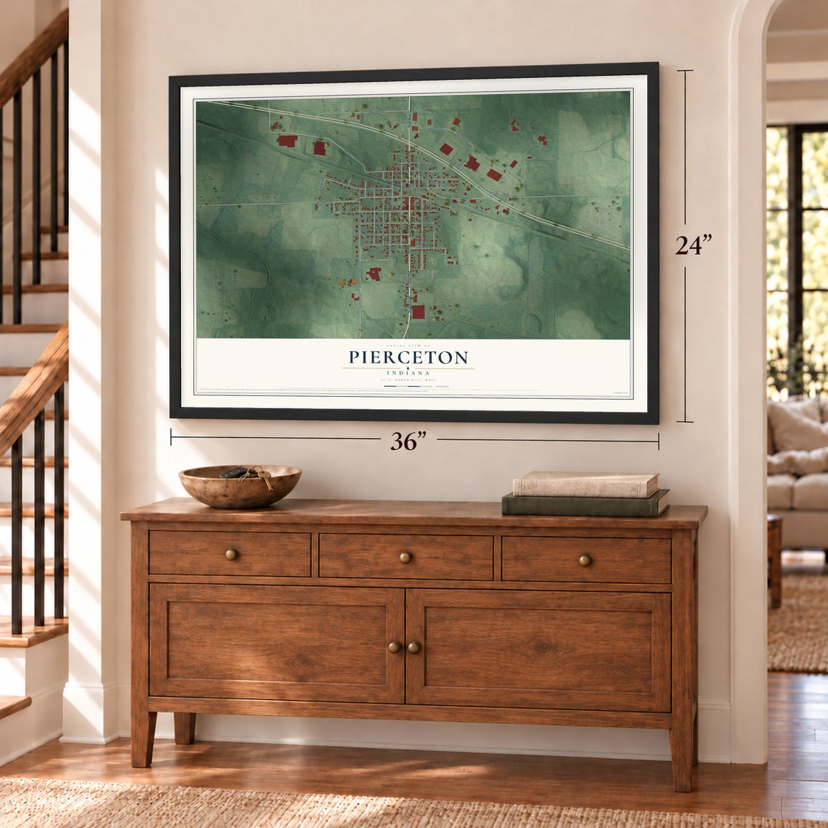 Pierceton, Indiana map, 24 x 36 inch print in a black frame above a dresser by a staircase