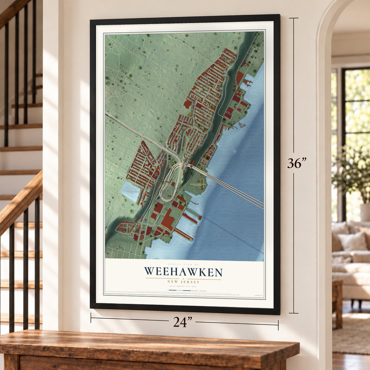 Weehawken, New Jersey map, 24 x 36 inch print in a black frame by a staircase
