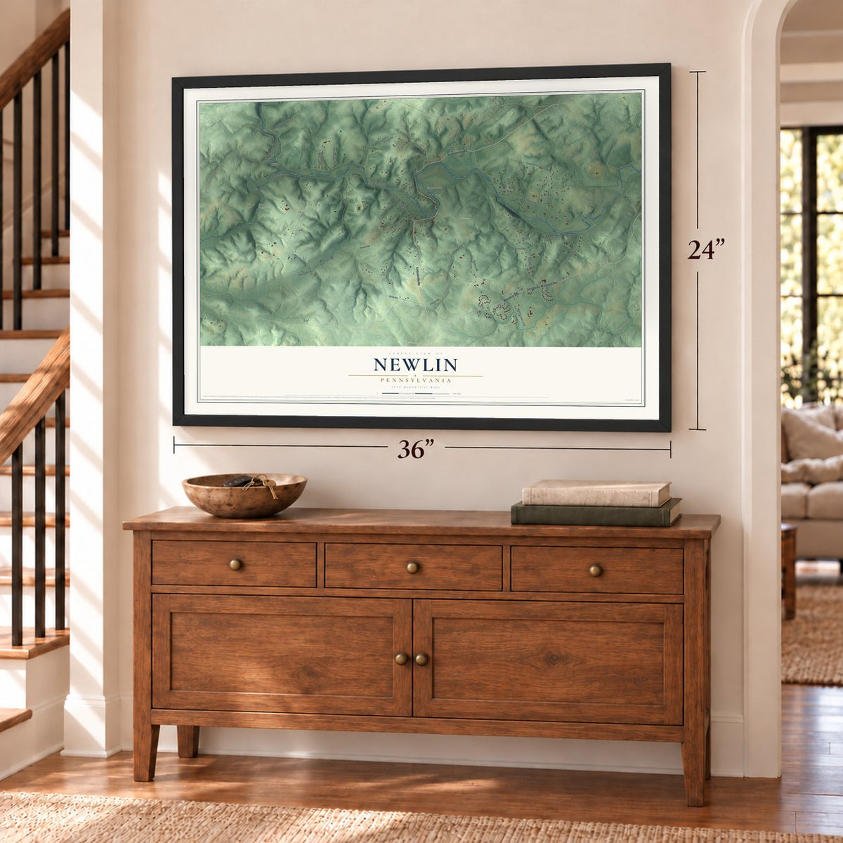 Newlin, Pennsylvania map, 24 x 36 inch print in a black frame above a dresser by a staircase