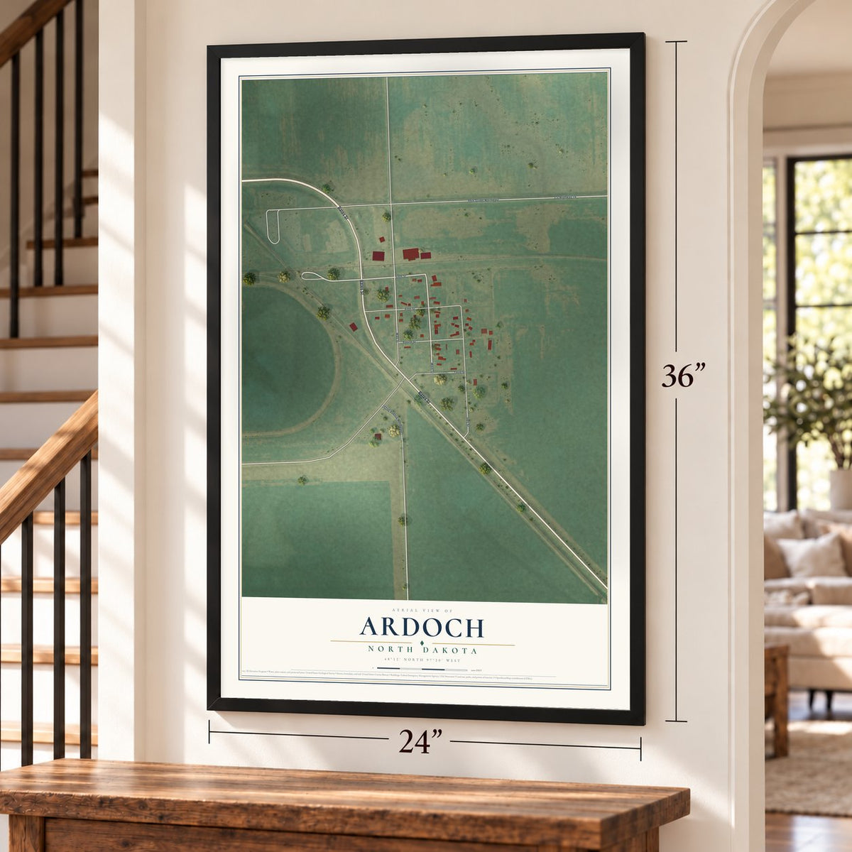 Ardoch, North Dakota map, 24 x 36 inch print in a black frame by a staircase