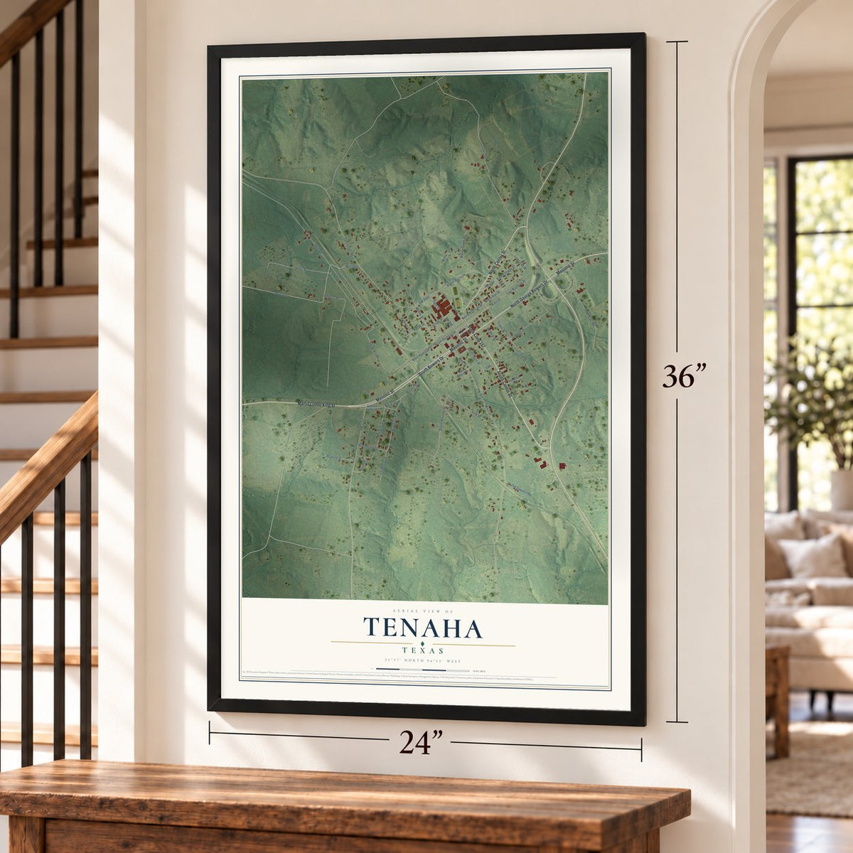 Tenaha, Texas map, 24 x 36 inch print in a black frame by a staircase