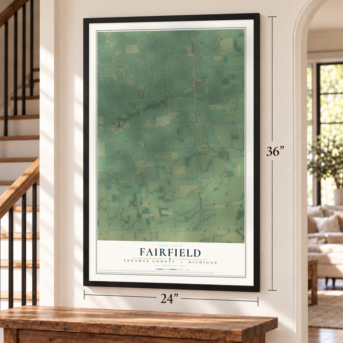 Fairfield, Lenawee County, Michigan map, 24 x 36 inch print in a black frame by a staircase