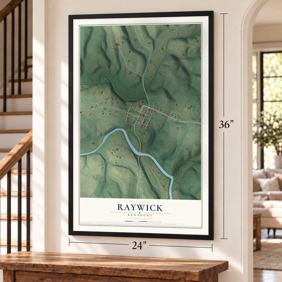 Raywick, Kentucky map, 24 x 36 inch print in a black frame by a staircase