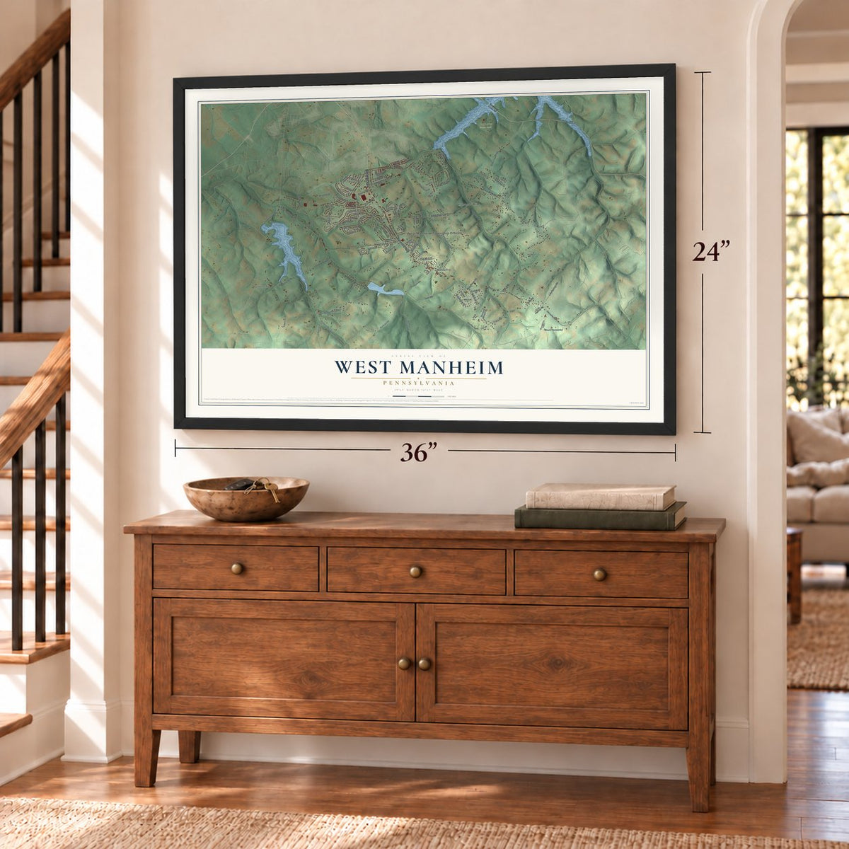 West Manheim, Pennsylvania map, 24 x 36 inch print in a black frame above a dresser by a staircase