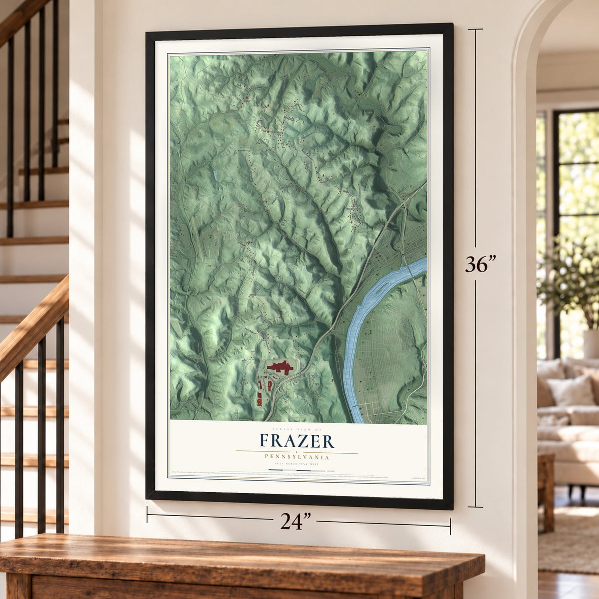 Frazer, Pennsylvania map, 24 x 36 inch print in a black frame by a staircase