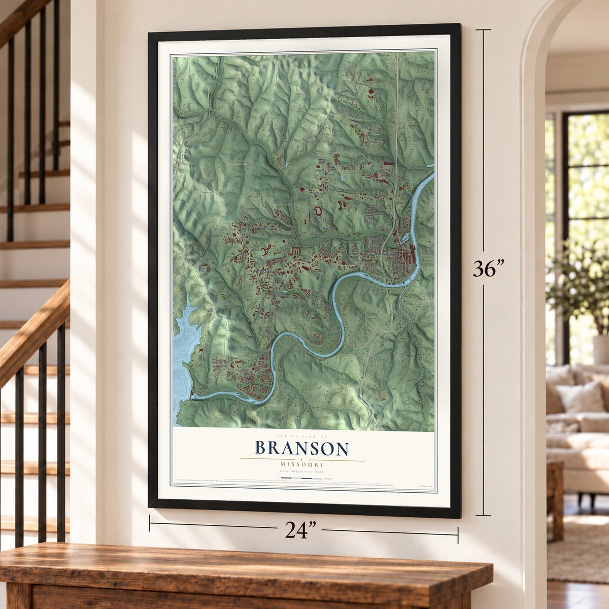 Branson, Missouri map, 24 x 36 inch print in a black frame by a staircase
