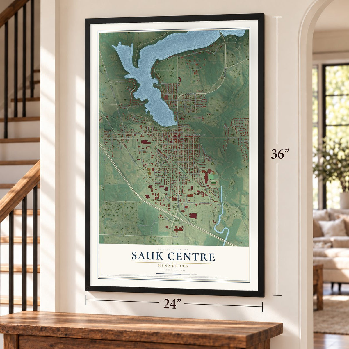 Sauk Centre, Minnesota map, 24 x 36 inch print in a black frame by a staircase