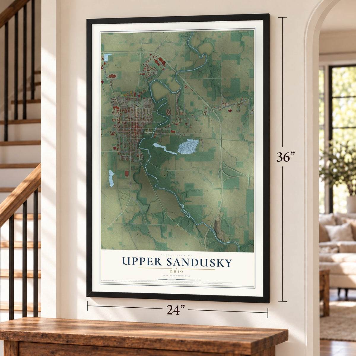 Upper Sandusky, Ohio map, 24 x 36 inch print in a black frame by a staircase