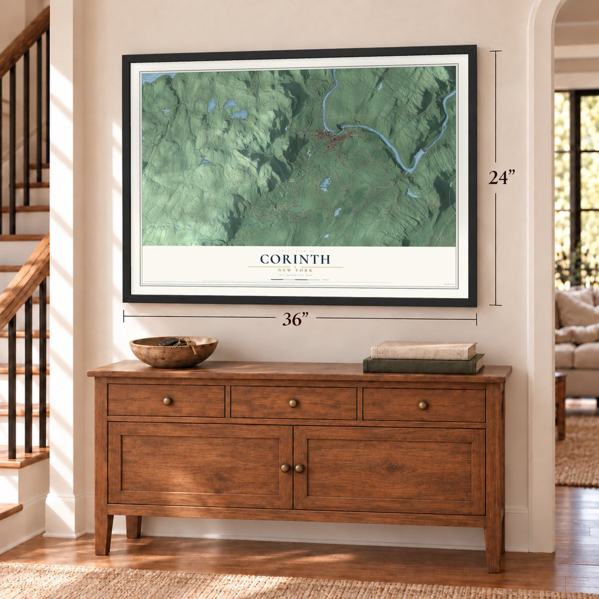 Corinth, New York map, 24 x 36 inch print in a black frame above a dresser by a staircase