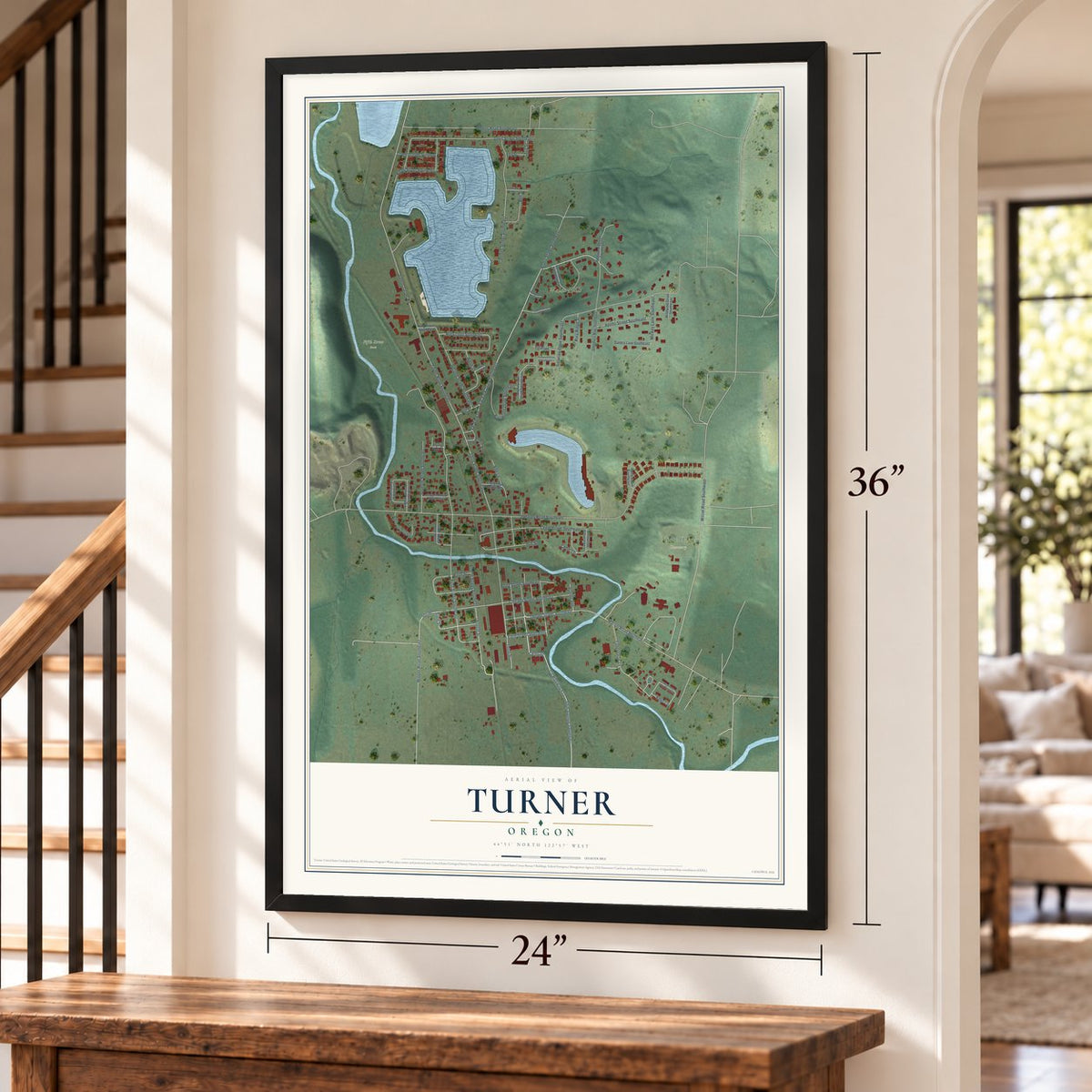 Turner, Oregon map, 24 x 36 inch print in a black frame by a staircase