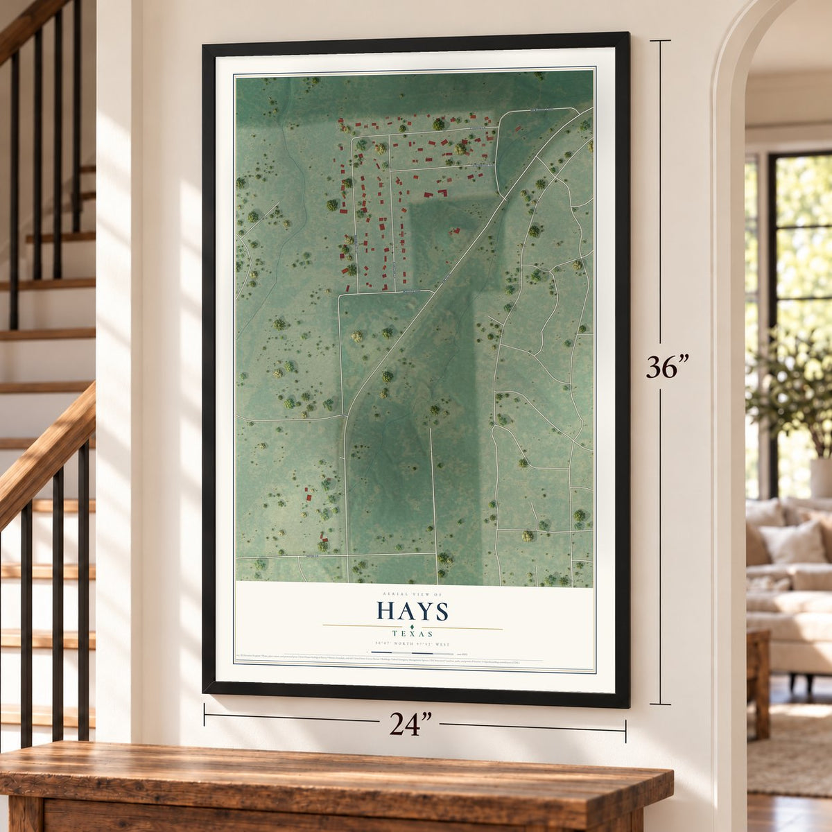 Hays, Texas map, 24 x 36 inch print in a black frame by a staircase