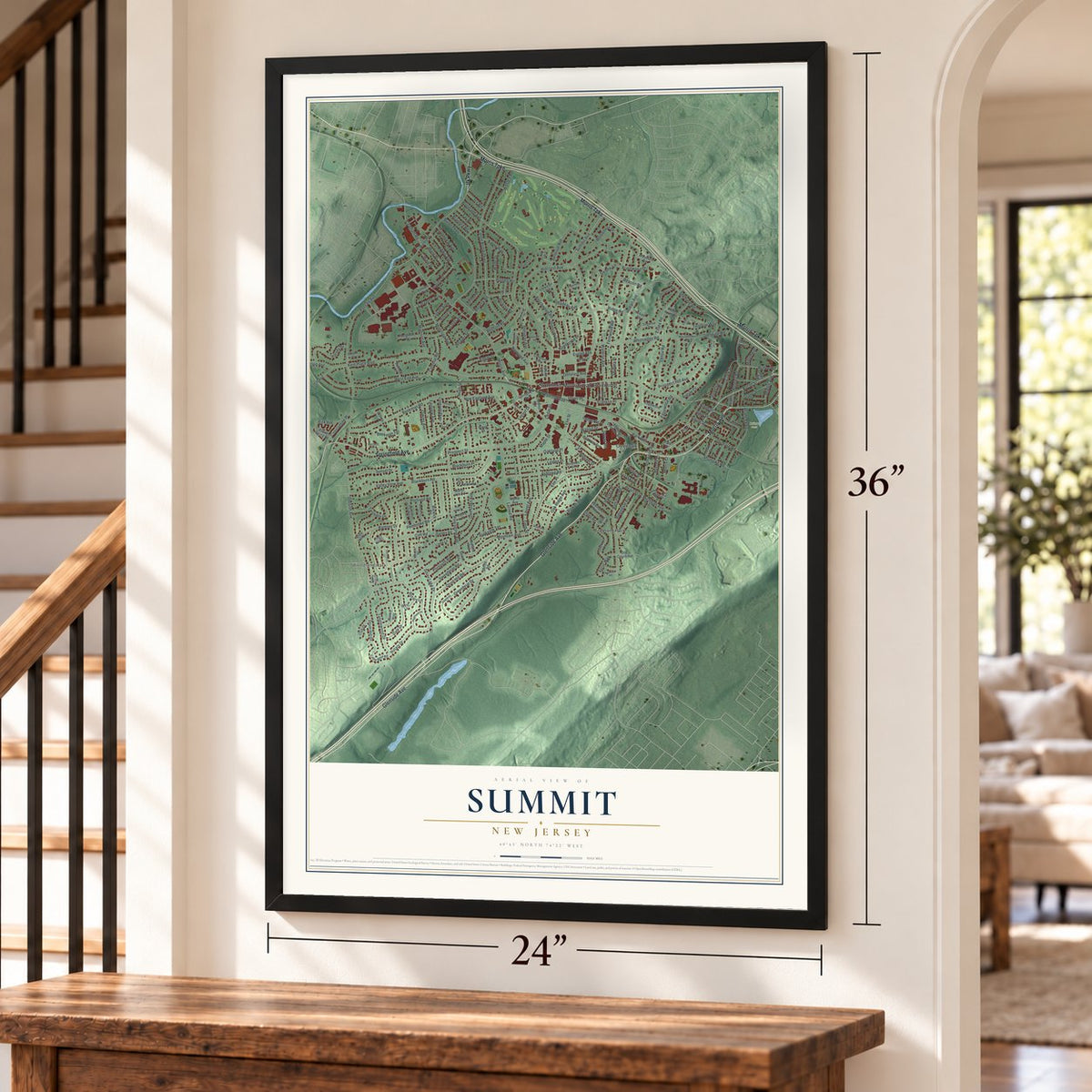 Summit, New Jersey map, 24 x 36 inch print in a black frame by a staircase
