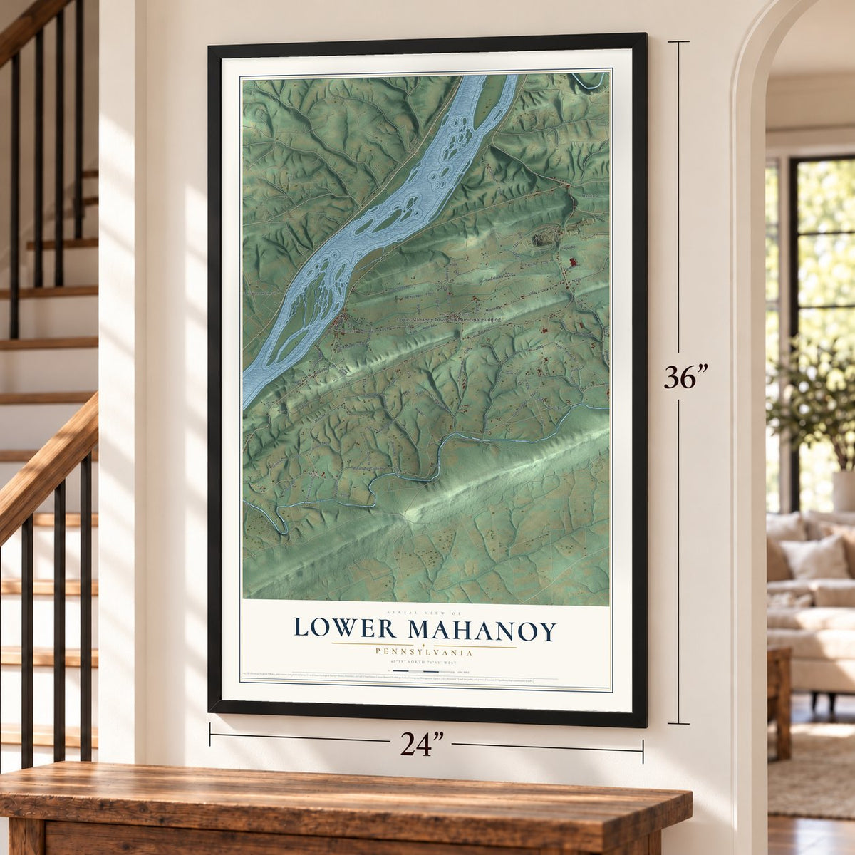 Lower Mahanoy, Pennsylvania map, 24 x 36 inch print in a black frame by a staircase