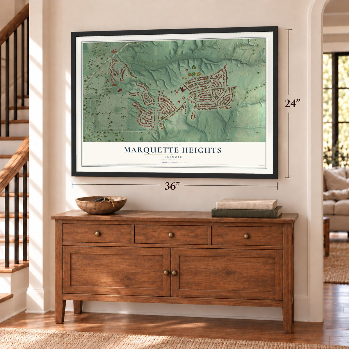 Marquette Heights, Illinois map, 24 x 36 inch print in a black frame above a dresser by a staircase