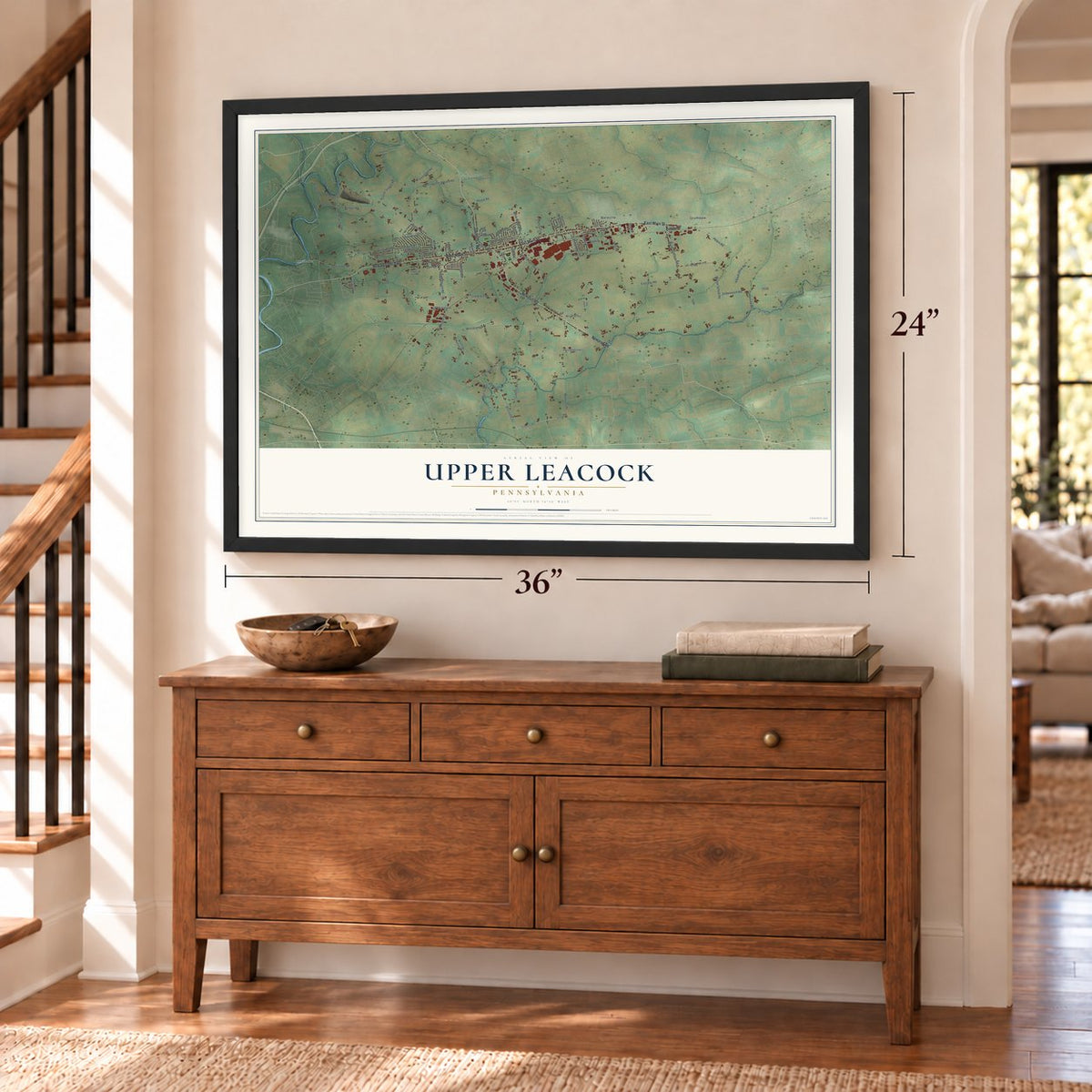 Upper Leacock, Pennsylvania map, 24 x 36 inch print in a black frame above a dresser by a staircase