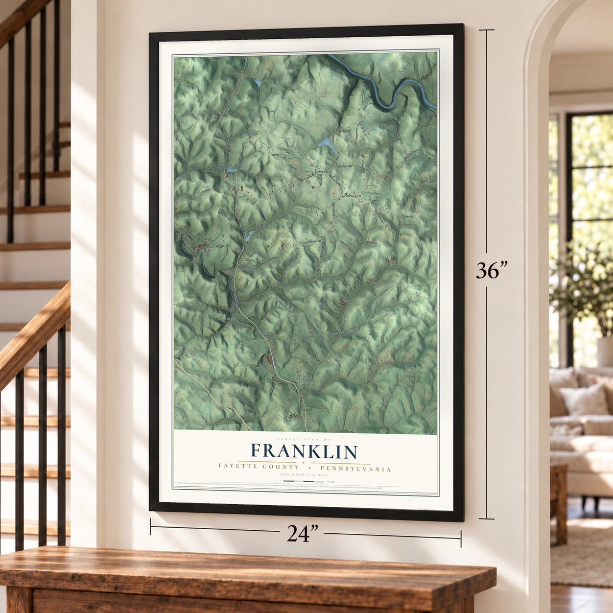 Franklin, Fayette County, Pennsylvania map, 24 x 36 inch print in a black frame by a staircase