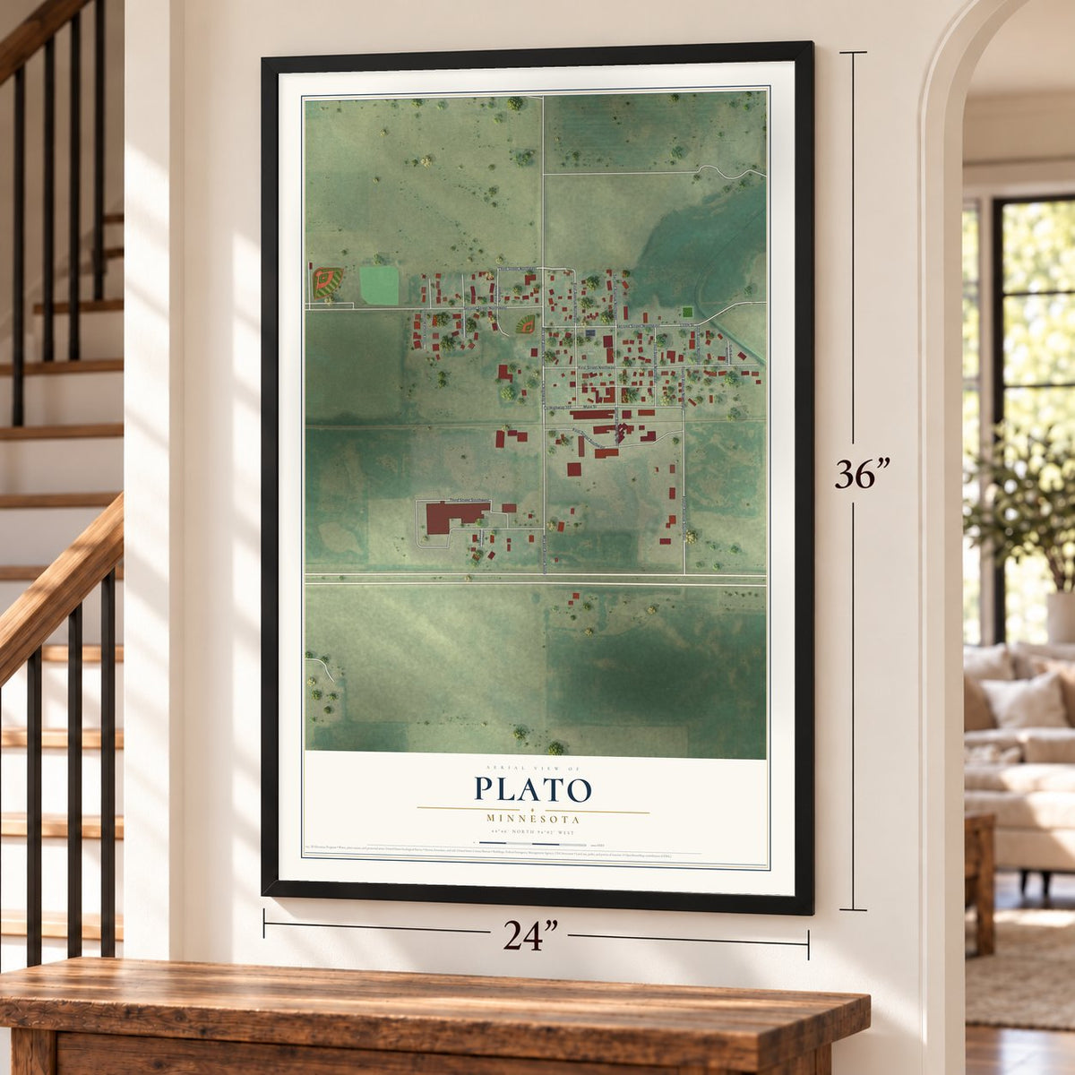 Plato, Minnesota map, 24 x 36 inch print in a black frame by a staircase