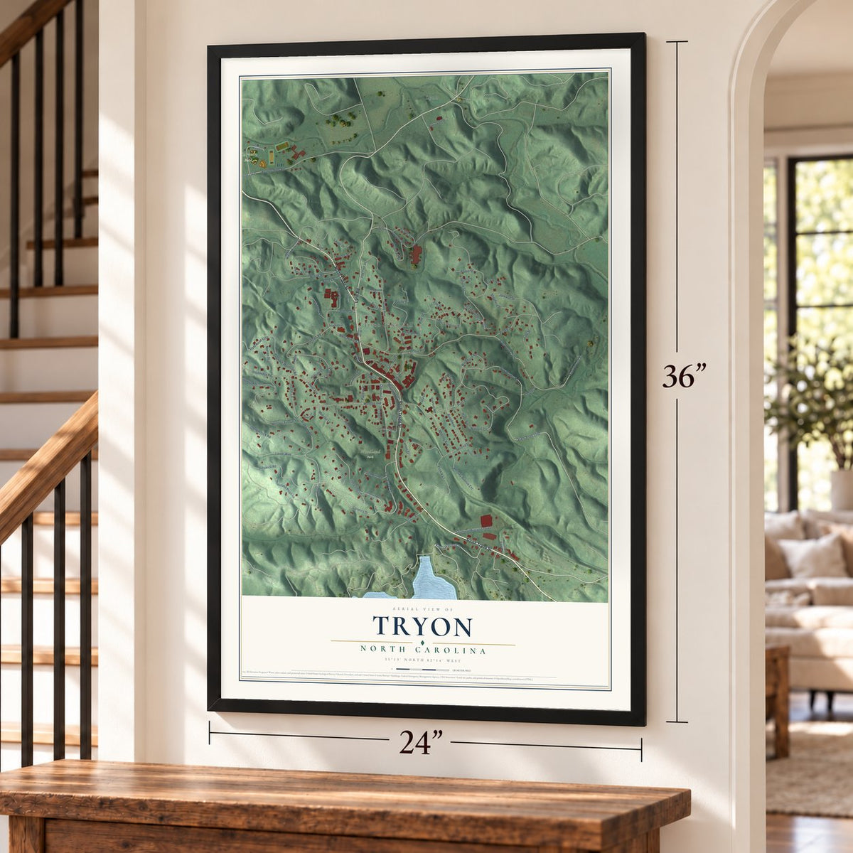 Tryon, North Carolina map, 24 x 36 inch print in a black frame by a staircase