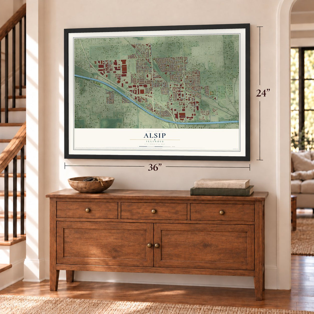 Alsip, Illinois map, 24 x 36 inch print in a black frame above a dresser by a staircase