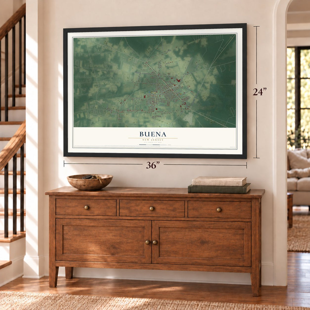 Buena, New Jersey map, 24 x 36 inch print in a black frame above a dresser by a staircase