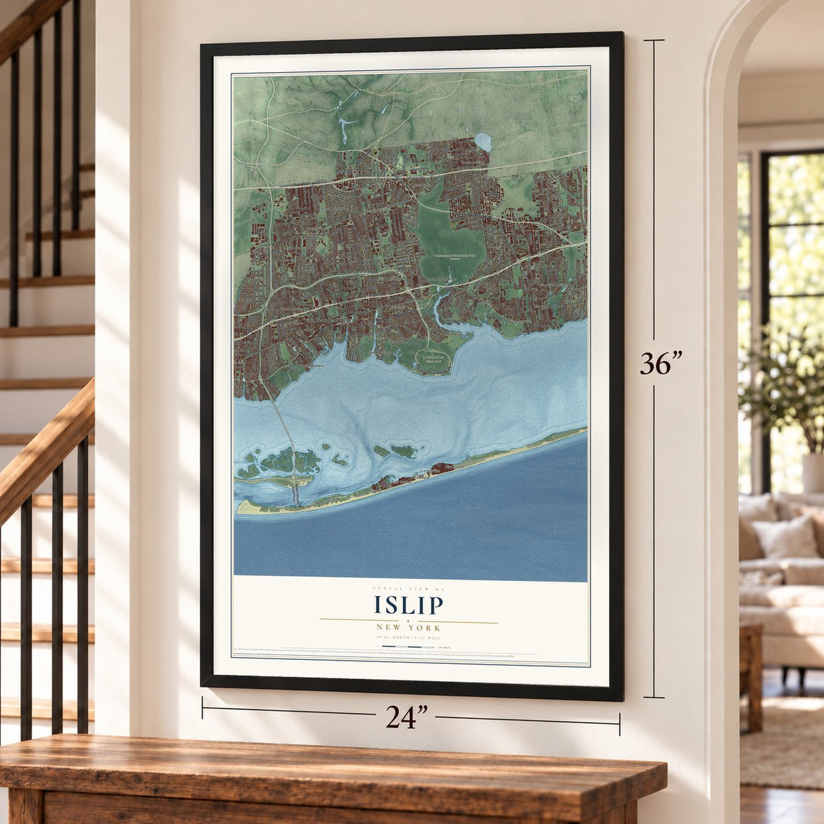 Islip, New York map, 24 x 36 inch print in a black frame by a staircase
