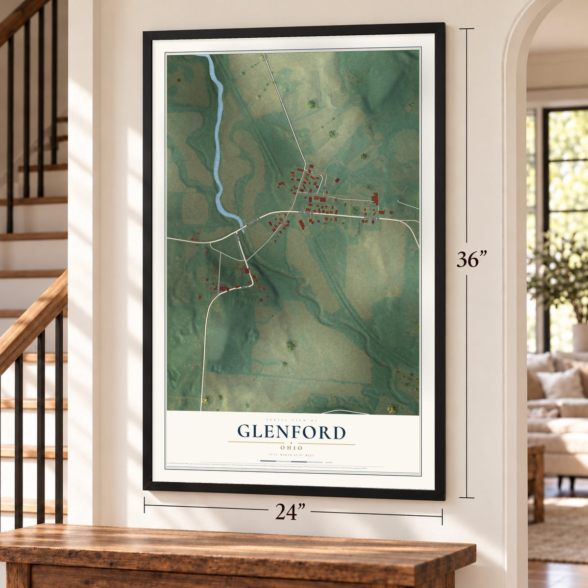 Glenford, Ohio map, 24 x 36 inch print in a black frame by a staircase