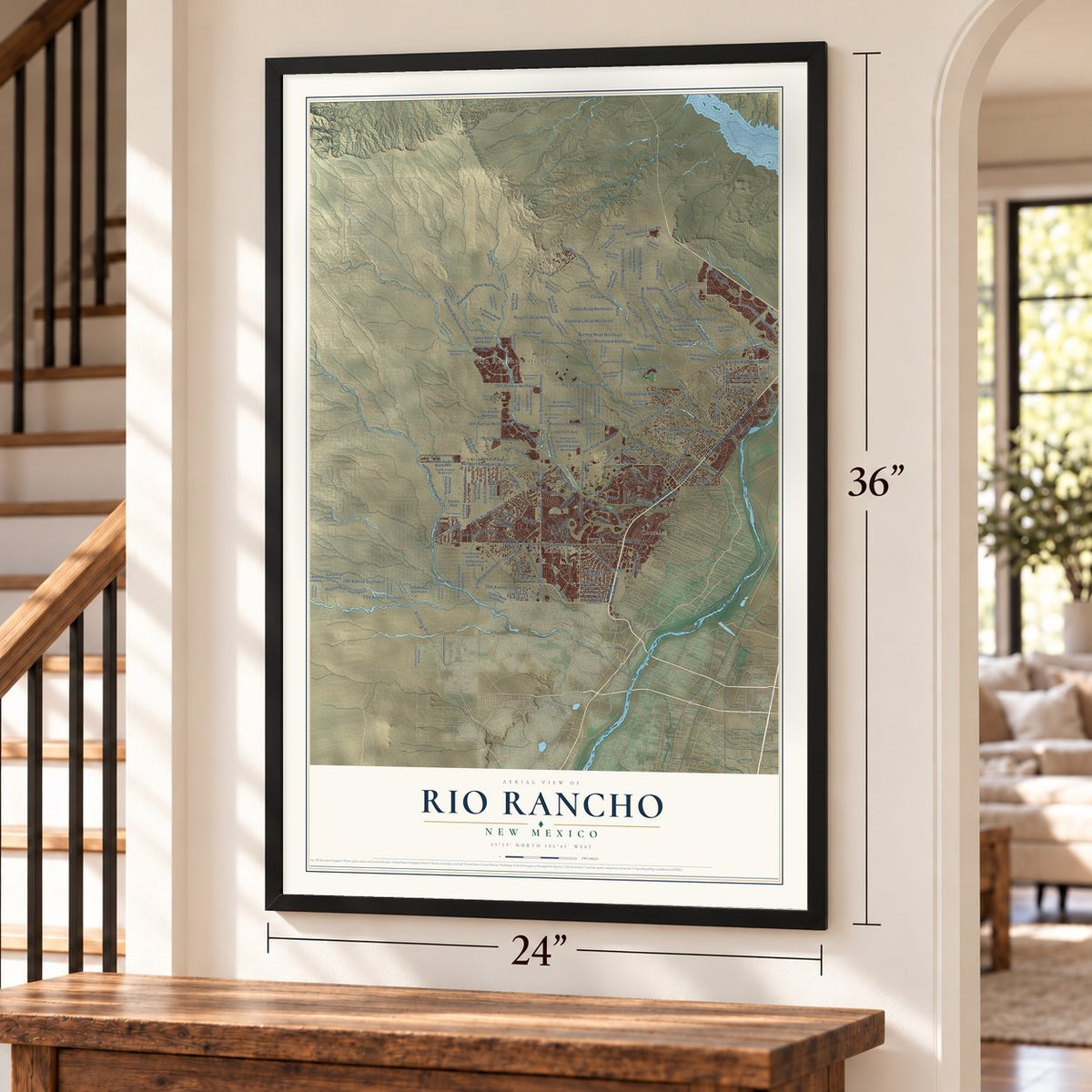 Rio Rancho, New Mexico map, 24 x 36 inch print in a black frame by a staircase