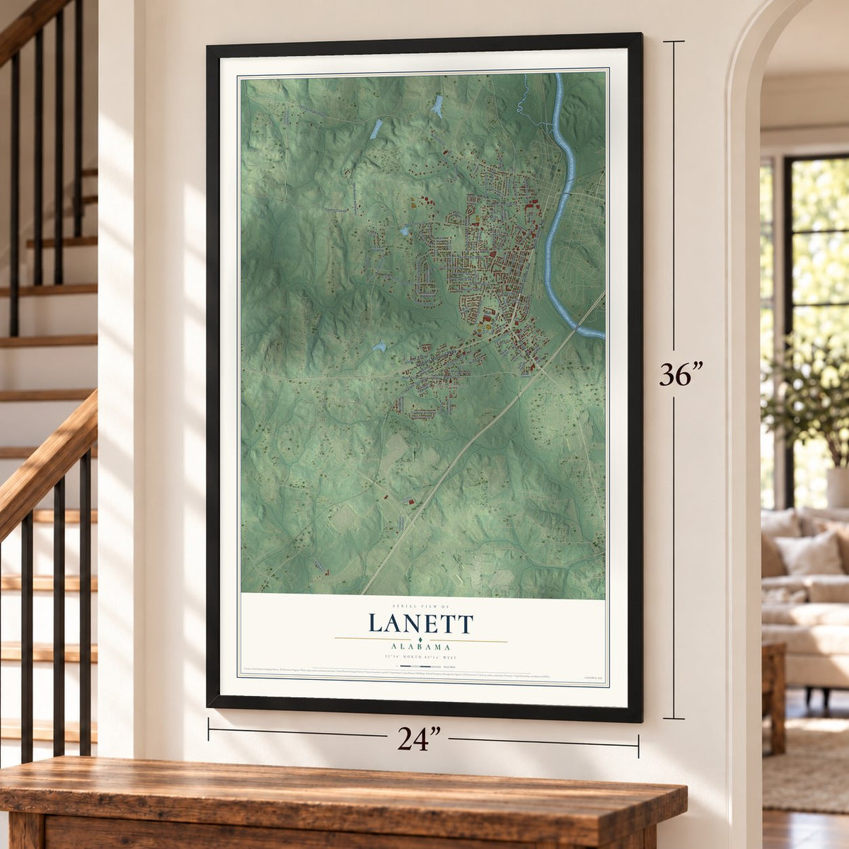Lanett, Alabama map, 24 x 36 inch print in a black frame by a staircase