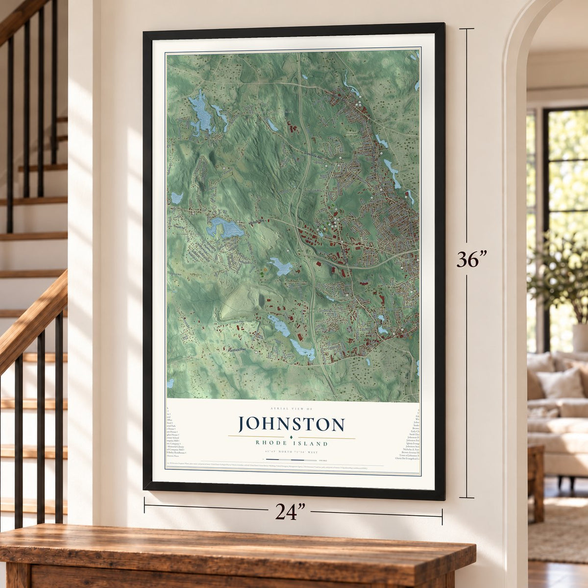 Johnston, Rhode Island map, 24 x 36 inch print in a black frame by a staircase