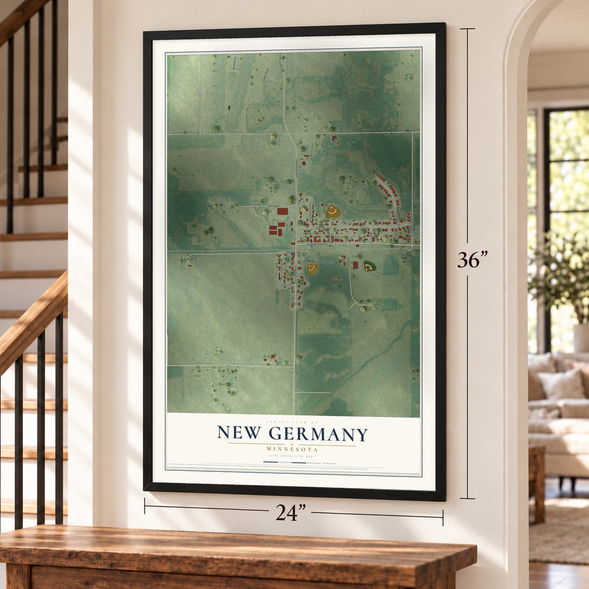 New Germany, Minnesota map, 24 x 36 inch print in a black frame by a staircase