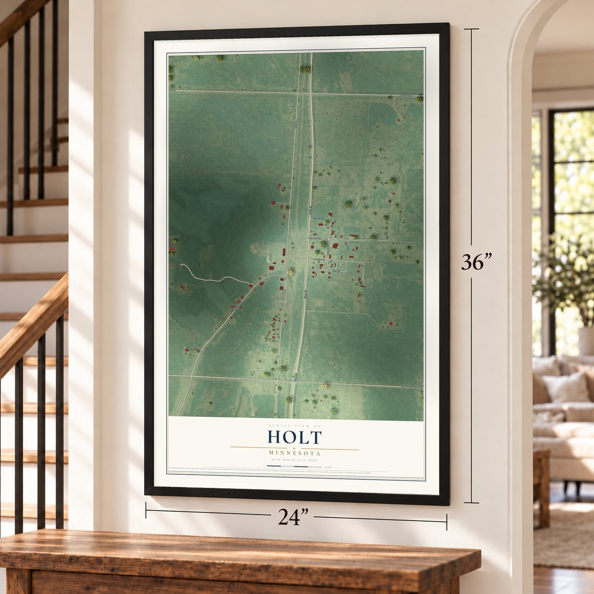 Holt, Minnesota map, 24 x 36 inch print in a black frame by a staircase