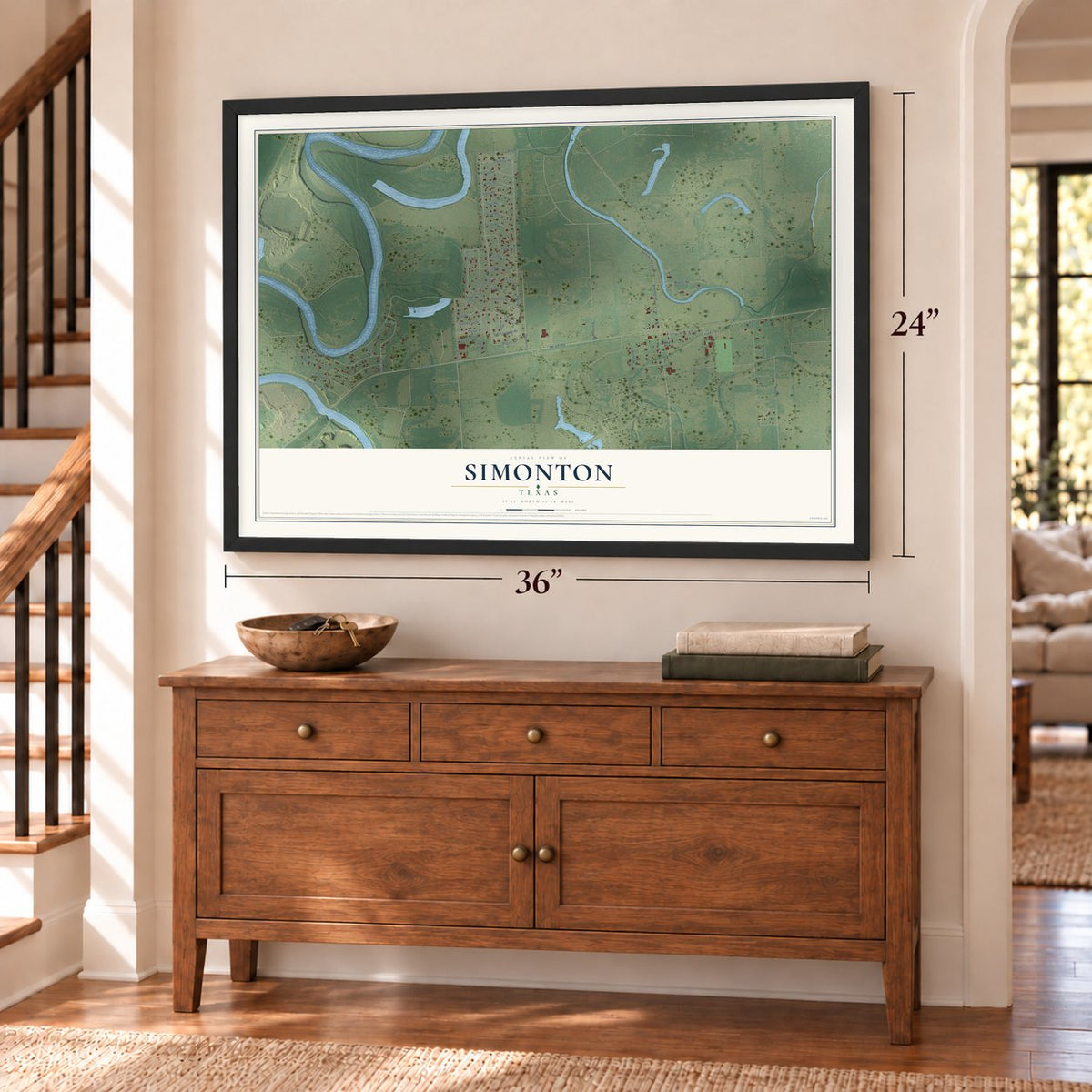 Simonton, Texas map, 24 x 36 inch print in a black frame above a dresser by a staircase