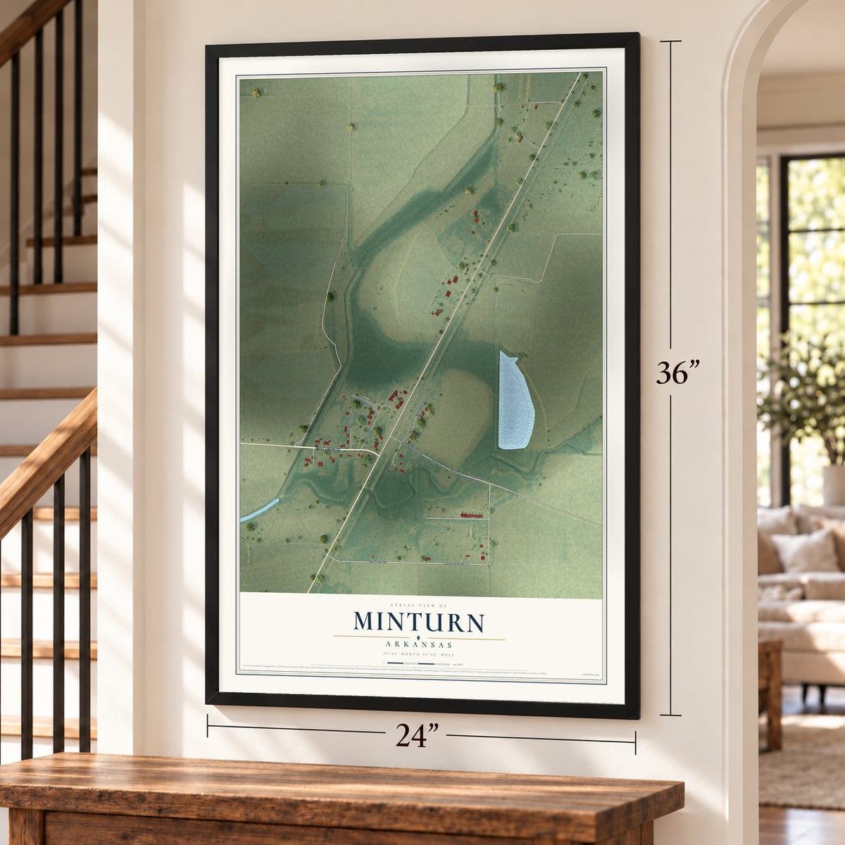 Minturn, Arkansas map, 24 x 36 inch print in a black frame by a staircase