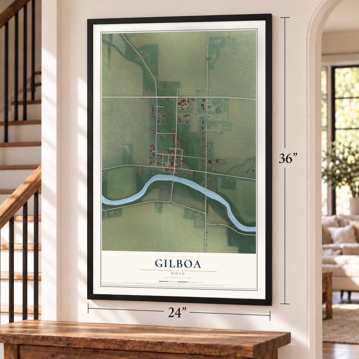 Gilboa, Ohio map, 24 x 36 inch print in a black frame by a staircase