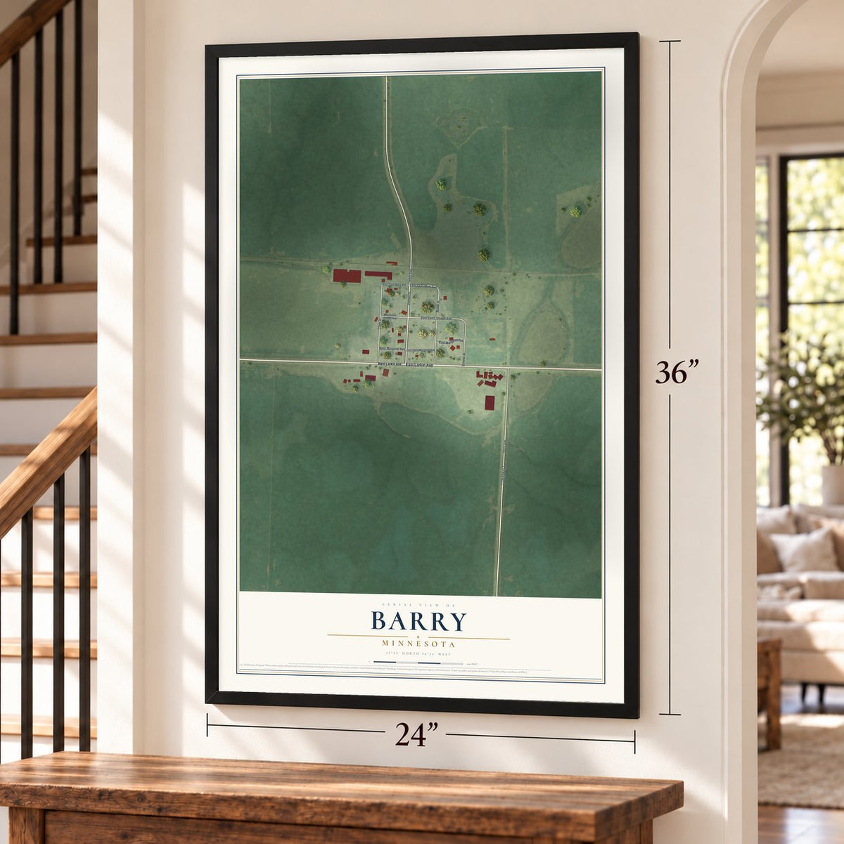 Barry, Minnesota map, 24 x 36 inch print in a black frame by a staircase