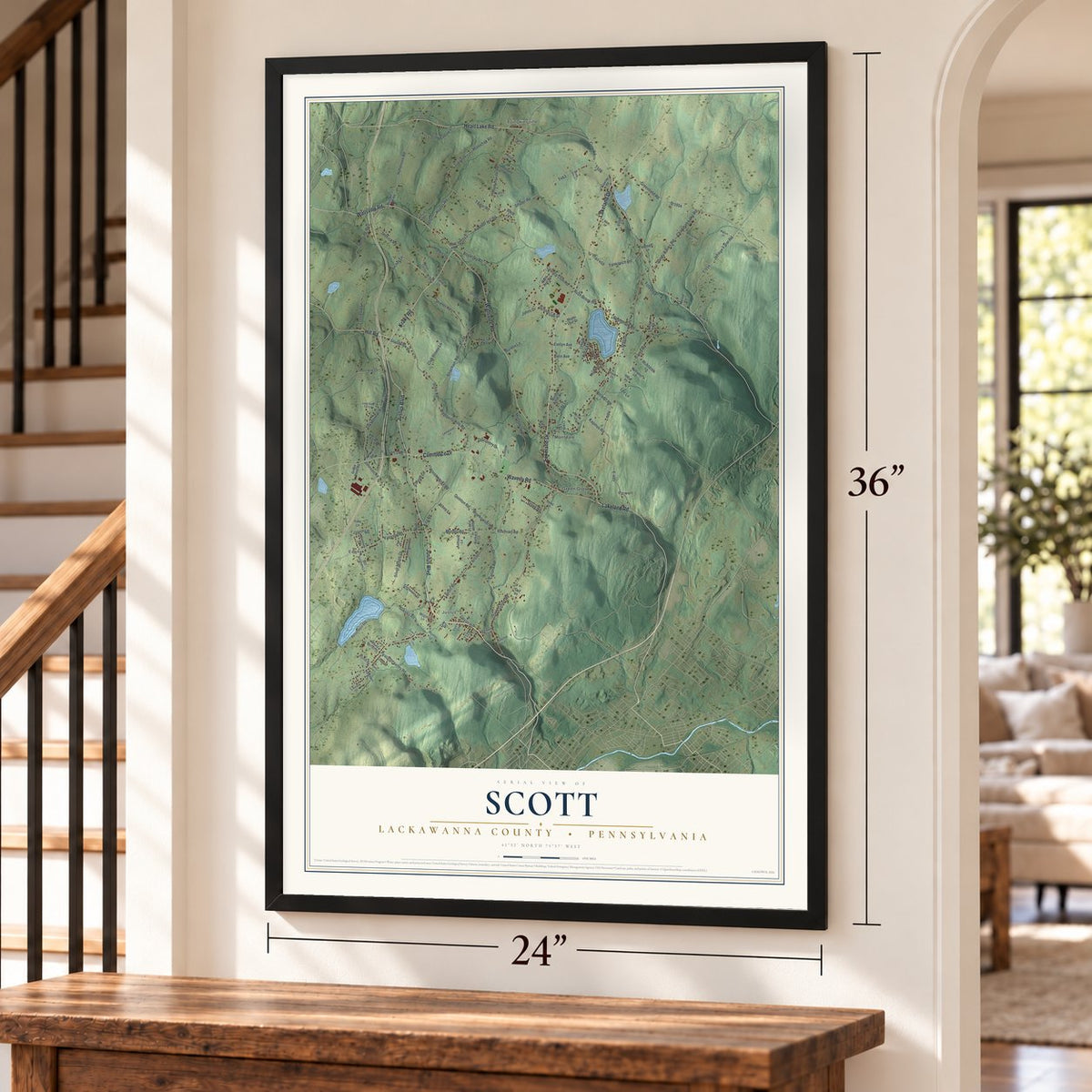 Scott, Lackawanna County, Pennsylvania map, 24 x 36 inch print in a black frame by a staircase