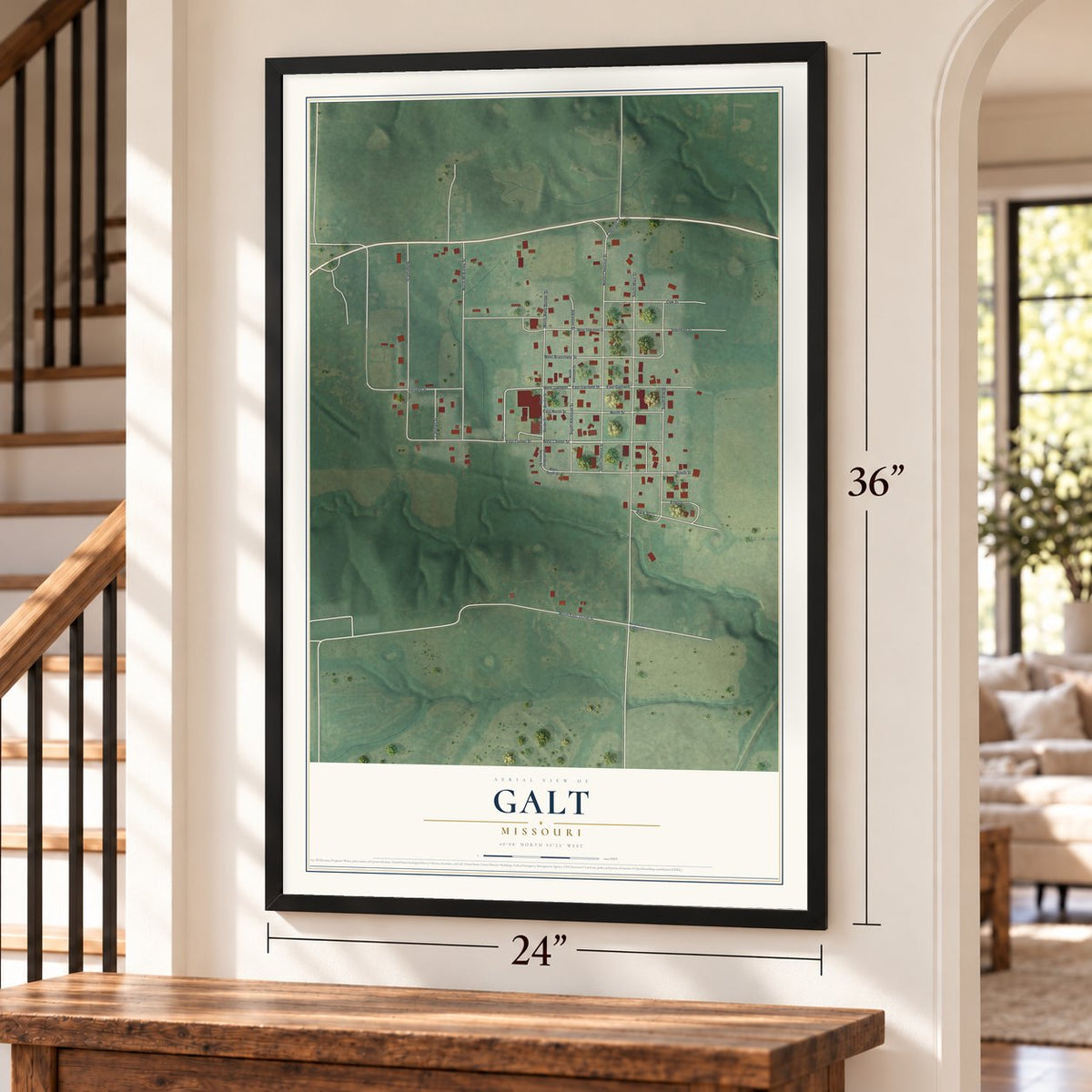 Galt, Missouri map, 24 x 36 inch print in a black frame by a staircase