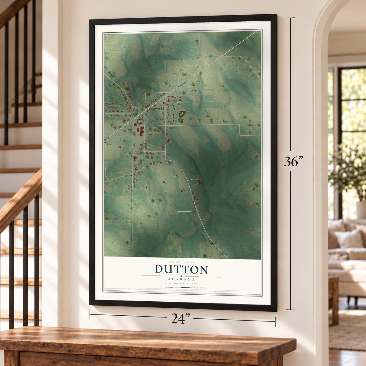 Dutton, Alabama map, 24 x 36 inch print in a black frame by a staircase