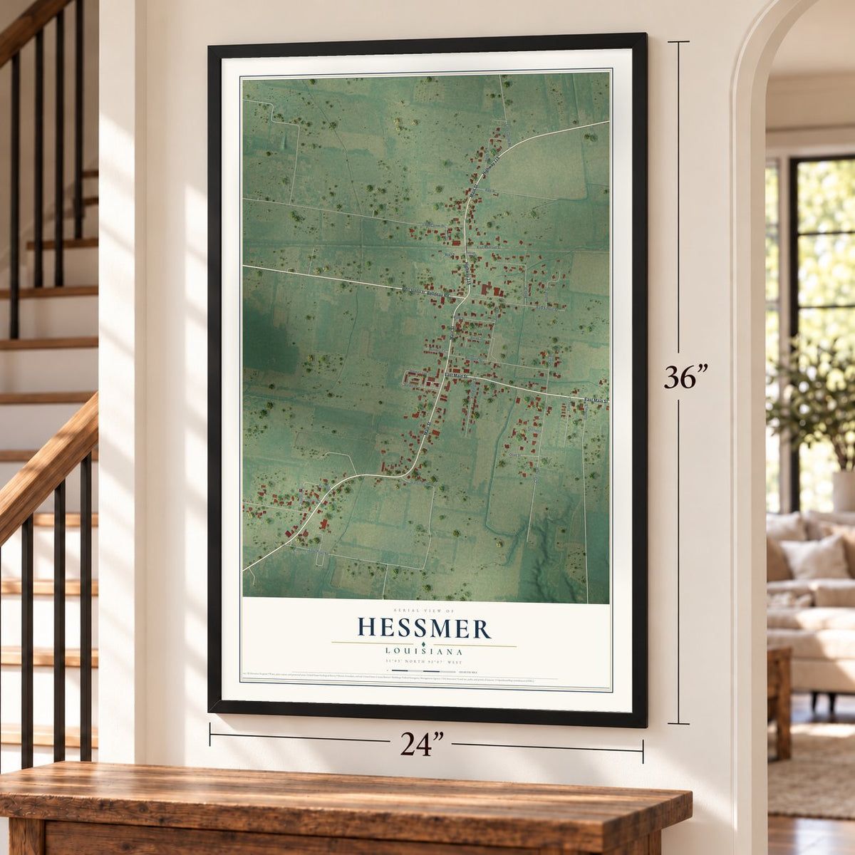 Hessmer, Louisiana map, 24 x 36 inch print in a black frame by a staircase