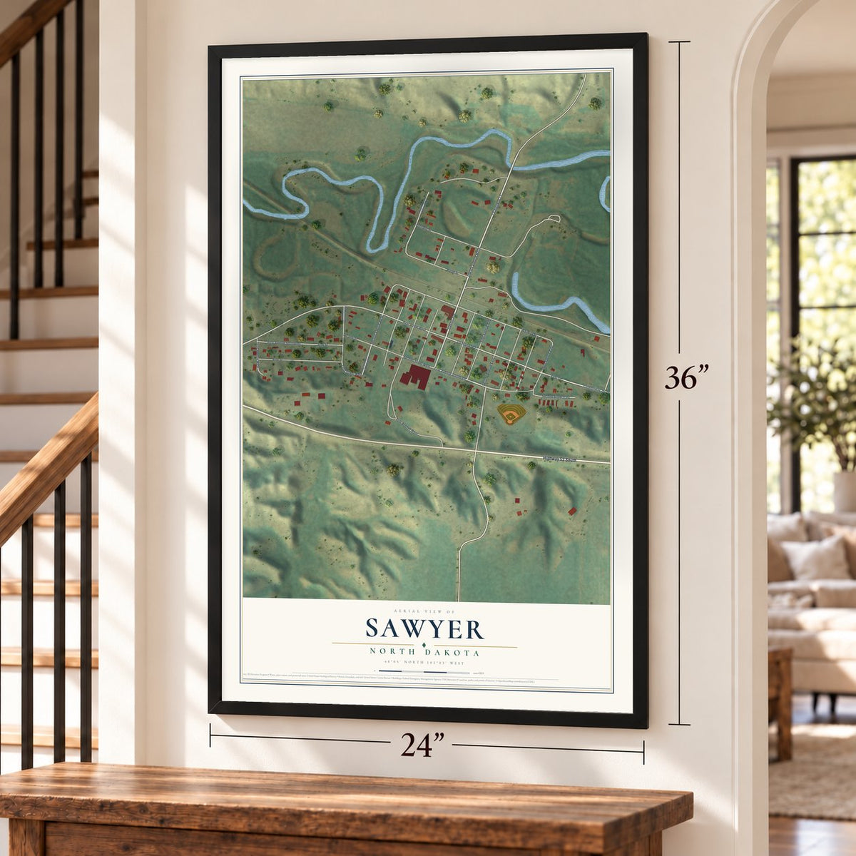 Sawyer, North Dakota map, 24 x 36 inch print in a black frame by a staircase
